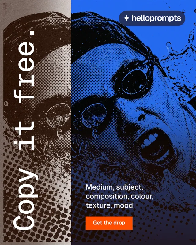 Instagram portrait post for HelloPrompts: "Copy it free." Swiss style, vertical layout, dark palette in black, blue.