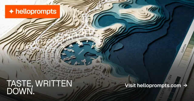 Social ad for HelloPrompts: "Taste, written down." Brutalist style, image led layout, dark palette in grey, black, blue.