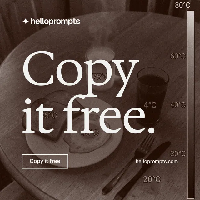 Instagram post for HelloPrompts: "Copy it free." Editorial style, poster layout, dark palette in orange, grey.