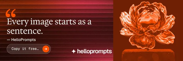 X header for HelloPrompts: "The art of speaking to machines." Agentic glass style, quote layout, dark palette in red, orange.