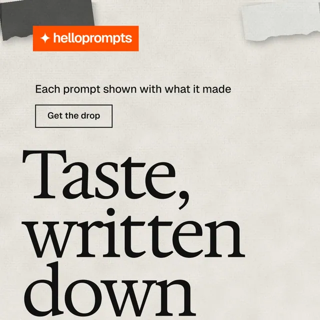 Instagram post for HelloPrompts: "Every image starts as a sentence." Editorial style, oversized layout, light palette in white, grey, yellow.