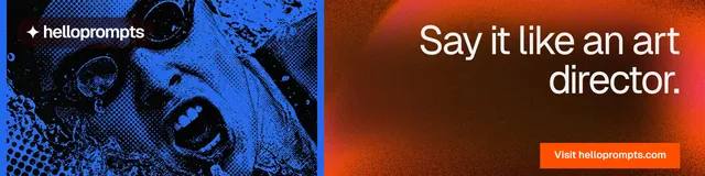 LinkedIn banner for HelloPrompts: "Say it like an art director." Swiss style, right layout, dark palette in orange, black, red.