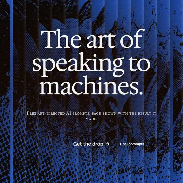 Instagram post for HelloPrompts: "The art of speaking to machines." Agentic glass style, smallcaps layout, dark palette in blue, black, grey.