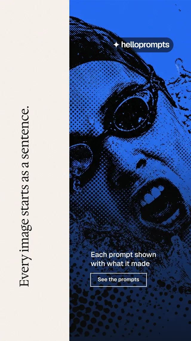 Instagram story for HelloPrompts: "Every image starts as a sentence." Editorial style, vertical layout, light palette in white, black, blue.