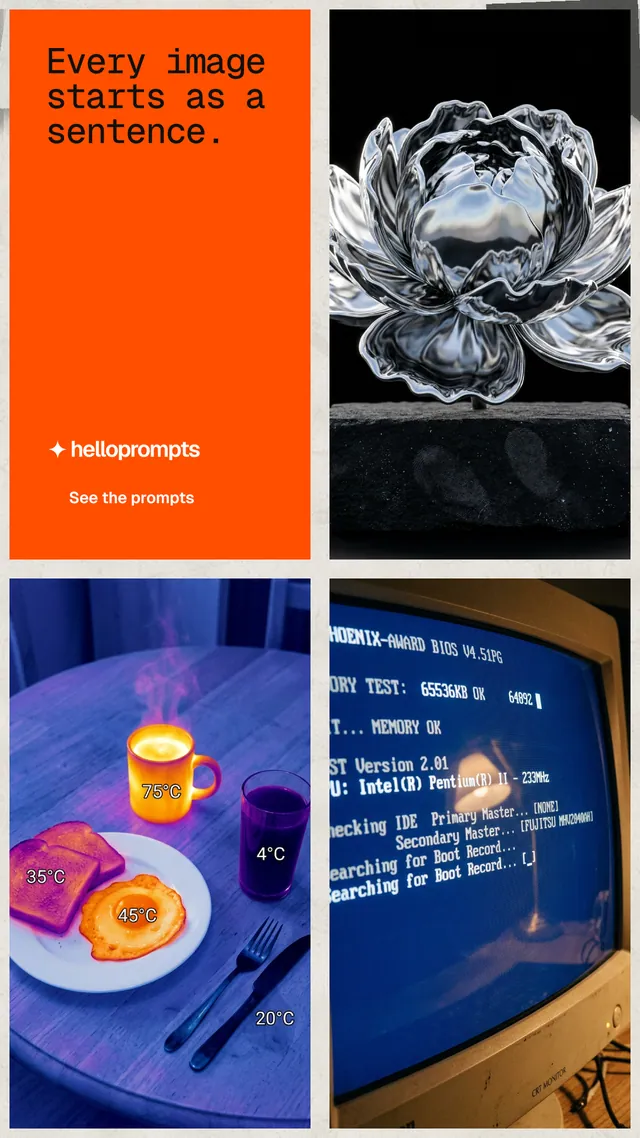 Instagram story for HelloPrompts: "Every image starts as a sentence." Swiss style, collage layout, dark palette in blue, red, grey.