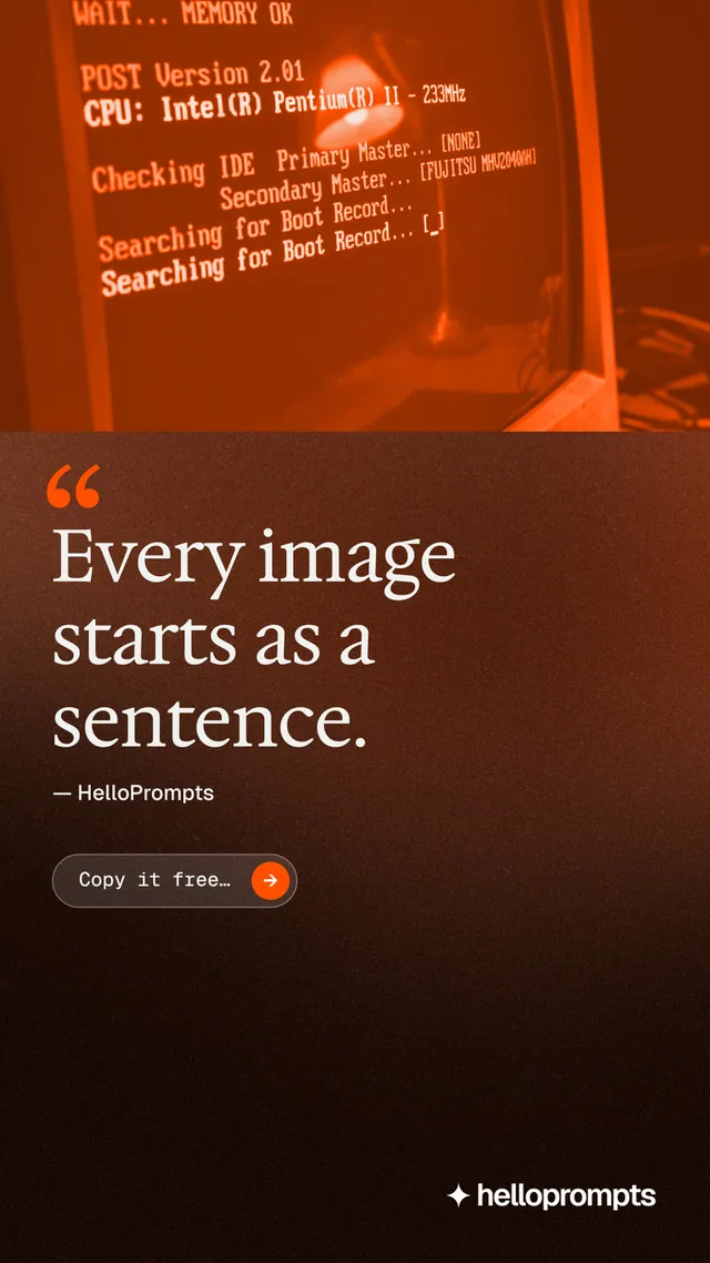 Instagram story for HelloPrompts: "Say it like an art director." Agentic glass style, quote layout, dark palette in black, orange, brown.