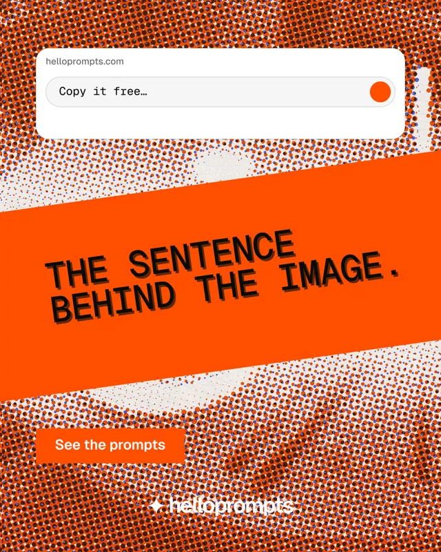 Instagram portrait post for HelloPrompts: "The sentence behind the image." Retro print style, diagonal layout, light palette in orange, white, red.