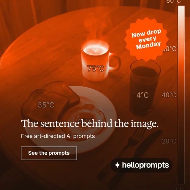 Instagram post for HelloPrompts: "The sentence behind the image." Editorial style, sticker layout, dark palette in black, orange, brown.