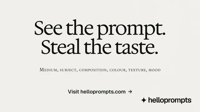 Landscape graphic for HelloPrompts: "See the prompt. Steal the taste." Swiss style, smallcaps layout, light palette in white, grey.