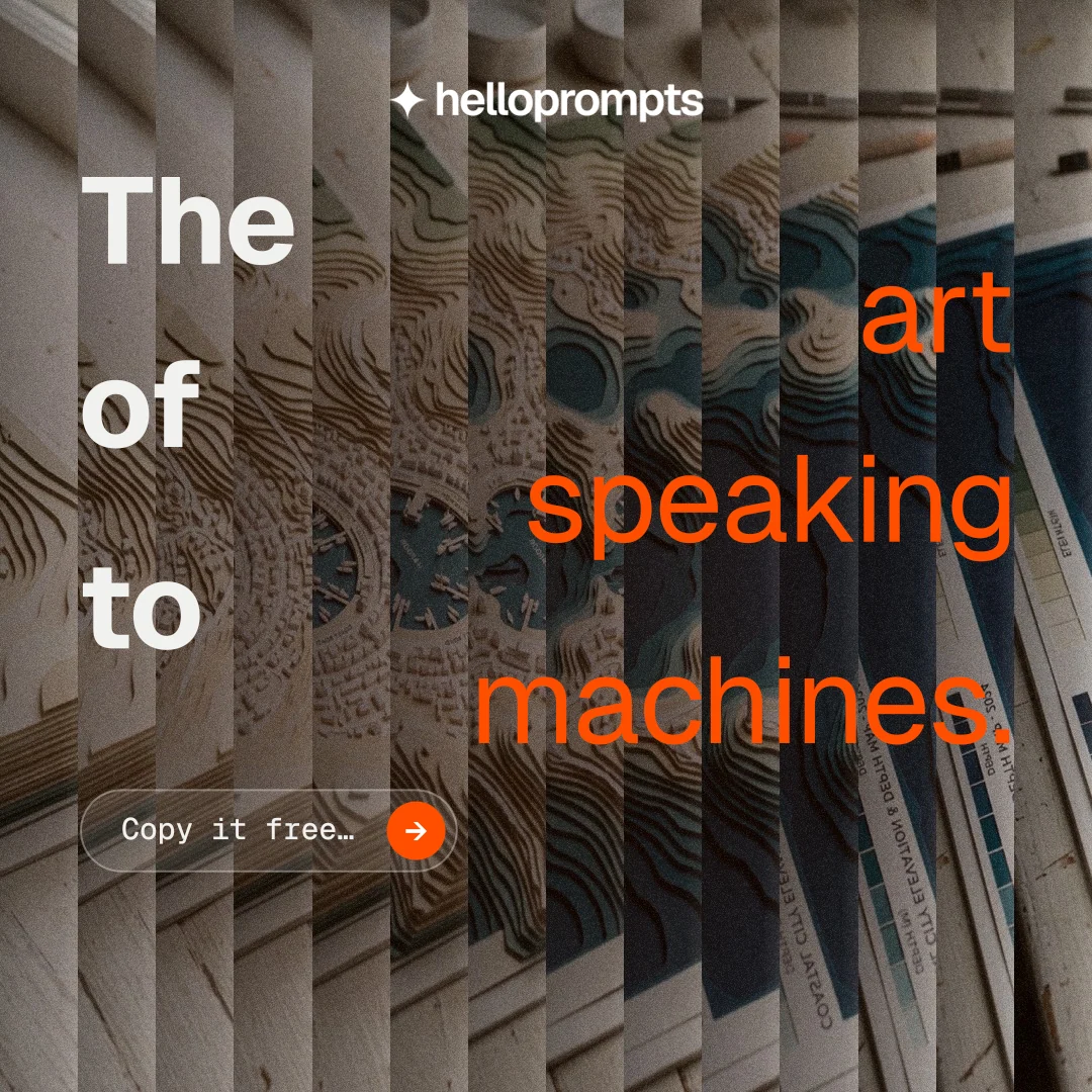 Instagram post for HelloPrompts: "The art of speaking to machines." Agentic glass style, stacked layout, dark palette in orange, grey, black.
