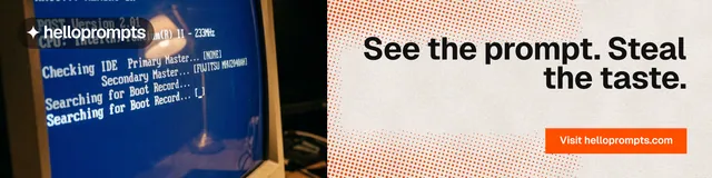 LinkedIn banner for HelloPrompts: "See the prompt. Steal the taste." Swiss style, right layout, light palette in orange, blue, brown.