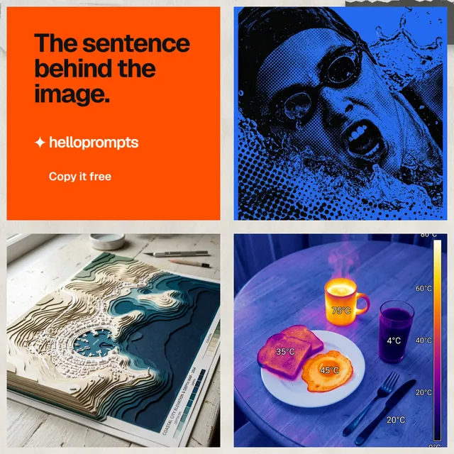 Instagram post for HelloPrompts: "The sentence behind the image." Swiss style, collage layout, light palette in blue, grey, red.