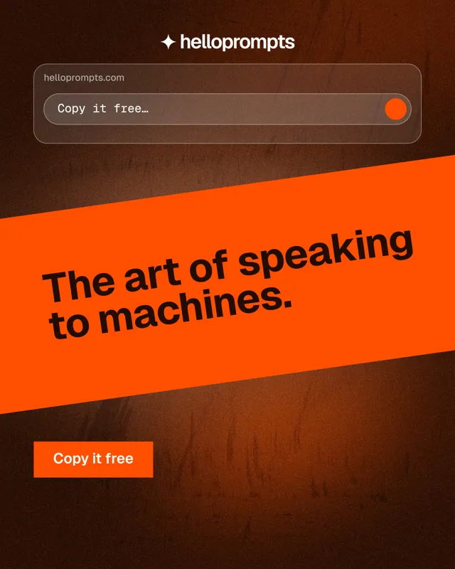 Instagram portrait post for HelloPrompts: "The art of speaking to machines." Swiss style, diagonal layout, dark palette in orange, black.