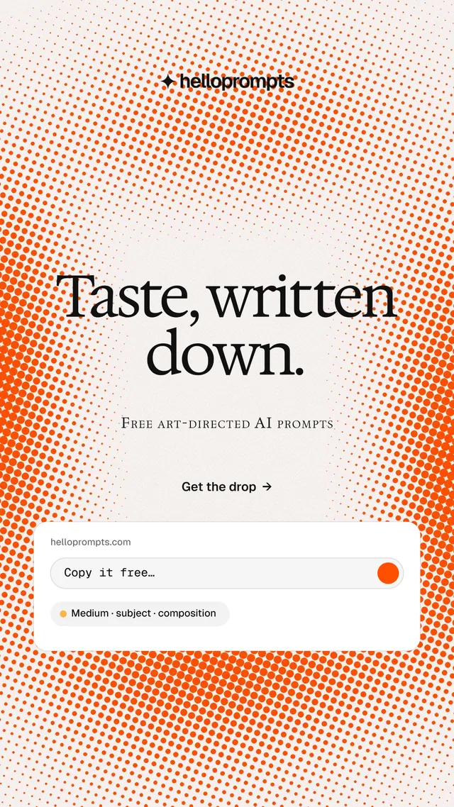 Instagram story for HelloPrompts: "Taste, written down." Split block style, smallcaps layout, light palette in orange, white.