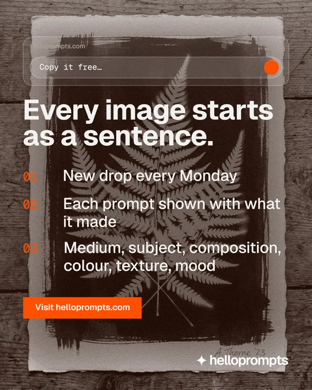 Instagram portrait post for HelloPrompts: "Every image starts as a sentence." Swiss style, numbered layout, dark palette in orange, grey.