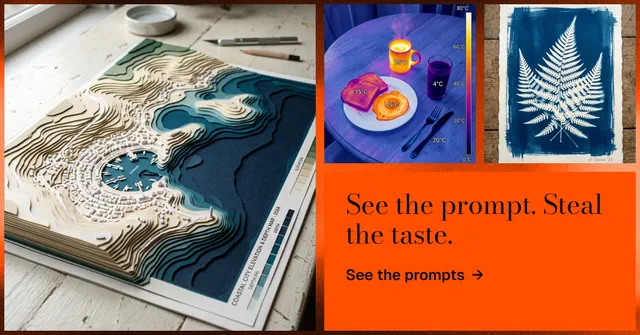 Social ad for HelloPrompts: "See the prompt. Steal the taste." Minimal luxury style, collage layout, light palette in orange, blue, grey.