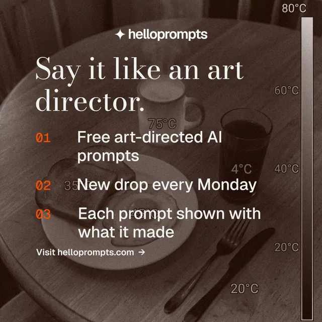 Instagram post for HelloPrompts: "Say it like an art director." Minimal luxury style, numbered layout, dark palette in orange, grey.
