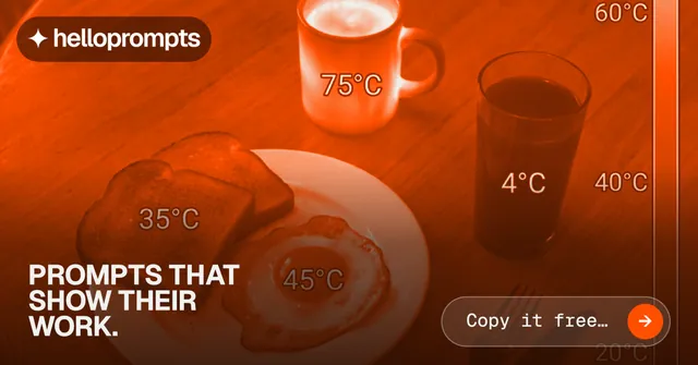 Social ad for HelloPrompts: "Prompts that show their work." Agentic glass style, image led layout, dark palette in orange.
