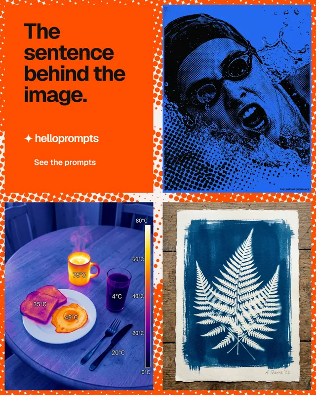 Instagram portrait post for HelloPrompts: "The sentence behind the image." Swiss style, collage layout, dark palette in blue, red, grey.