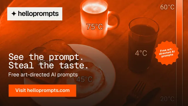 Landscape graphic for HelloPrompts: "See the prompt. Steal the taste." Retro print style, sticker layout, dark palette in orange.