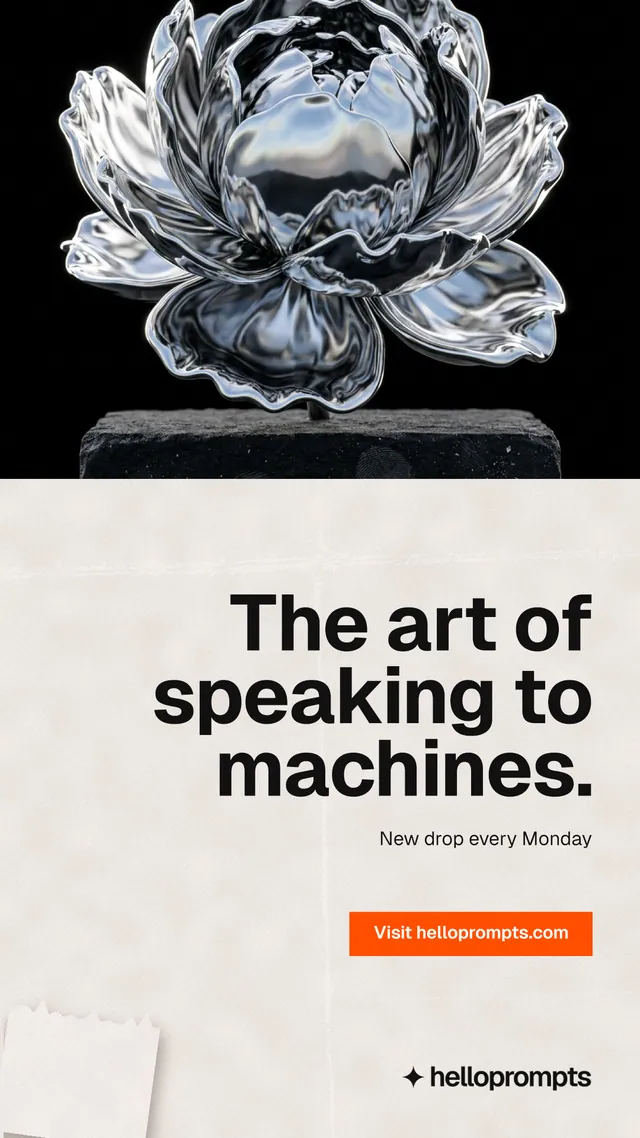 Instagram story for HelloPrompts: "The art of speaking to machines." Swiss style, right layout, light palette in orange, black, grey.
