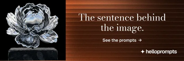 X header for HelloPrompts: "The sentence behind the image." Minimal luxury style, skeleton layout, dark palette in orange, grey, black.