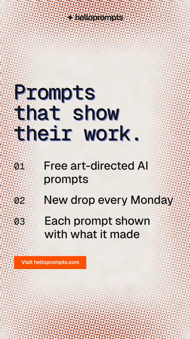 Instagram story for HelloPrompts: "Prompts that show their work." Swiss style, numbered layout, light palette in red, orange.