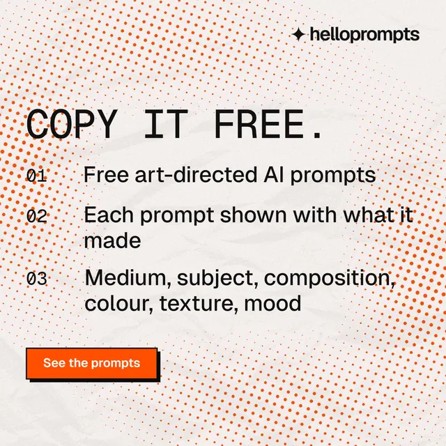 Instagram post for HelloPrompts: "Copy it free." Brutalist style, numbered layout, light palette in orange, red, white.