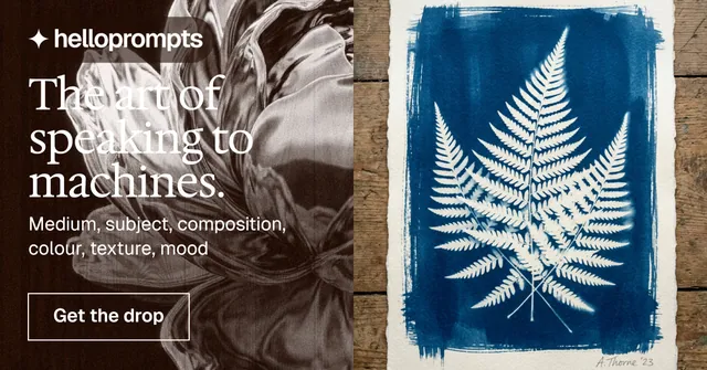 Social ad for HelloPrompts: "The art of speaking to machines." Editorial style, bottom layout, dark palette in blue, grey, black.