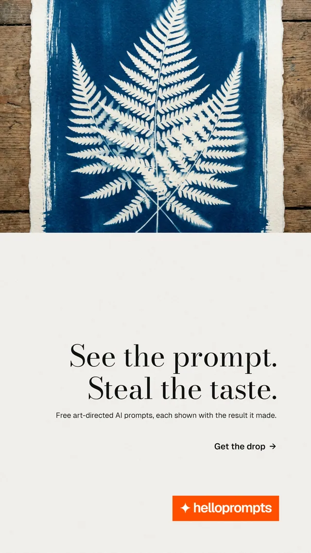Instagram story for HelloPrompts: "See the prompt. Steal the taste." Minimal luxury style, right layout, light palette in white, blue, grey.