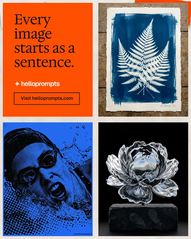 Instagram portrait post for HelloPrompts: "Every image starts as a sentence." Editorial style, collage layout, dark palette in black, red, grey.