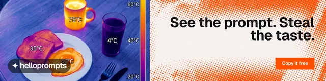 LinkedIn banner for HelloPrompts: "See the prompt. Steal the taste." Split block style, right layout, light palette in white, blue, orange.