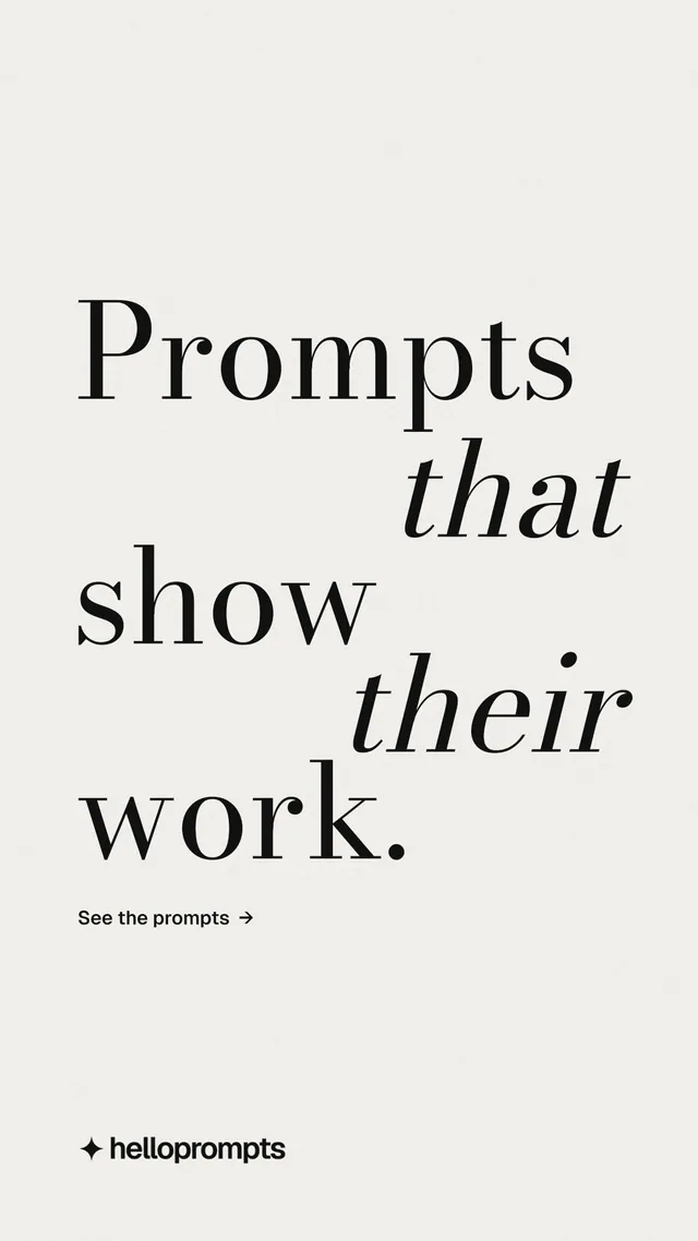 Instagram story for HelloPrompts: "Prompts that show their work." Minimal luxury style, stacked layout, light palette in white, grey.