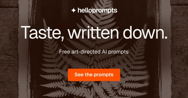 Social ad for HelloPrompts: "Taste, written down." Swiss style, centred layout, dark palette in orange, black, grey.