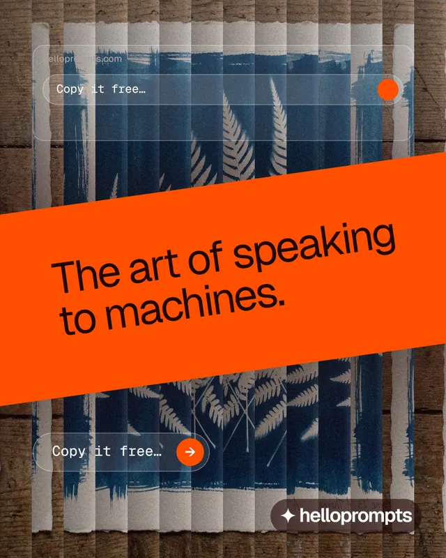 Instagram portrait post for HelloPrompts: "The art of speaking to machines." Agentic glass style, diagonal layout, dark palette in orange, blue, grey.