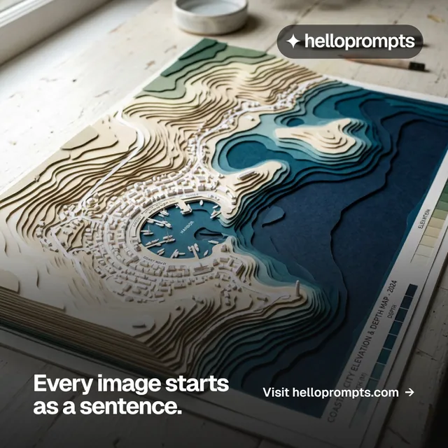 Instagram post for HelloPrompts: "Every image starts as a sentence." Swiss style, image led layout, dark palette in grey, black, blue.