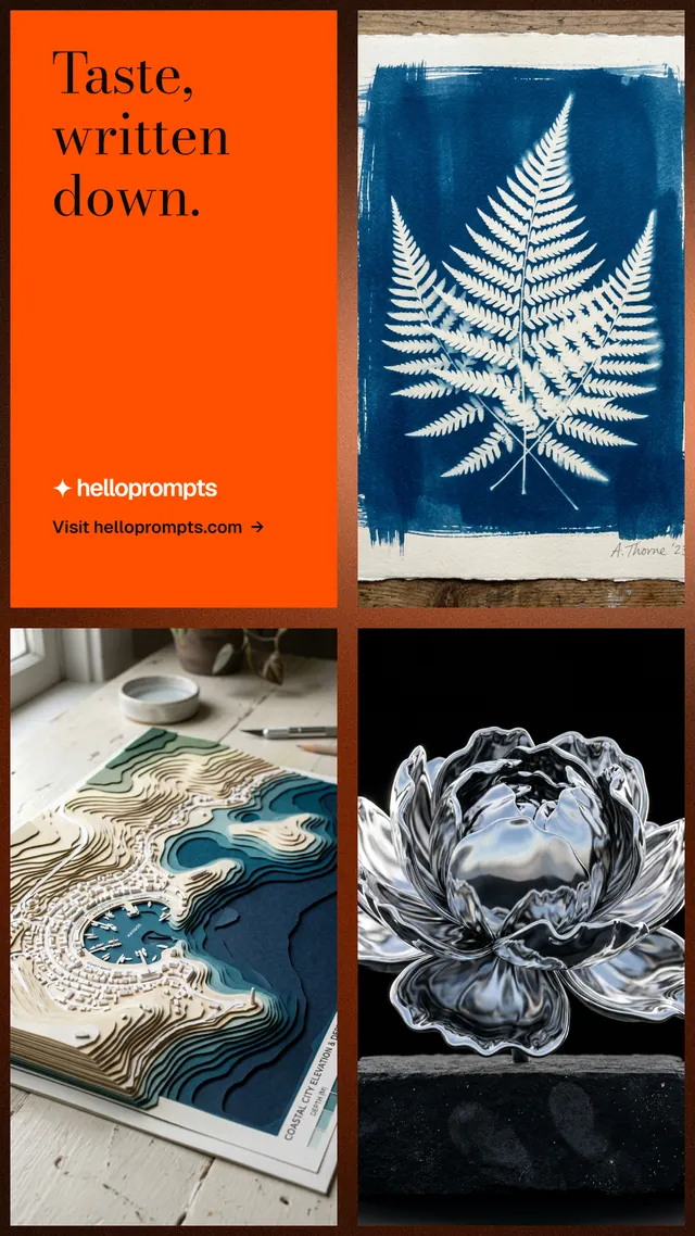 Instagram story for HelloPrompts: "Taste, written down." Minimal luxury style, collage layout, dark palette in black, orange, grey.