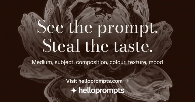 Social ad for HelloPrompts: "See the prompt. Steal the taste." Minimal luxury style, centred layout, dark palette in black, orange, grey.