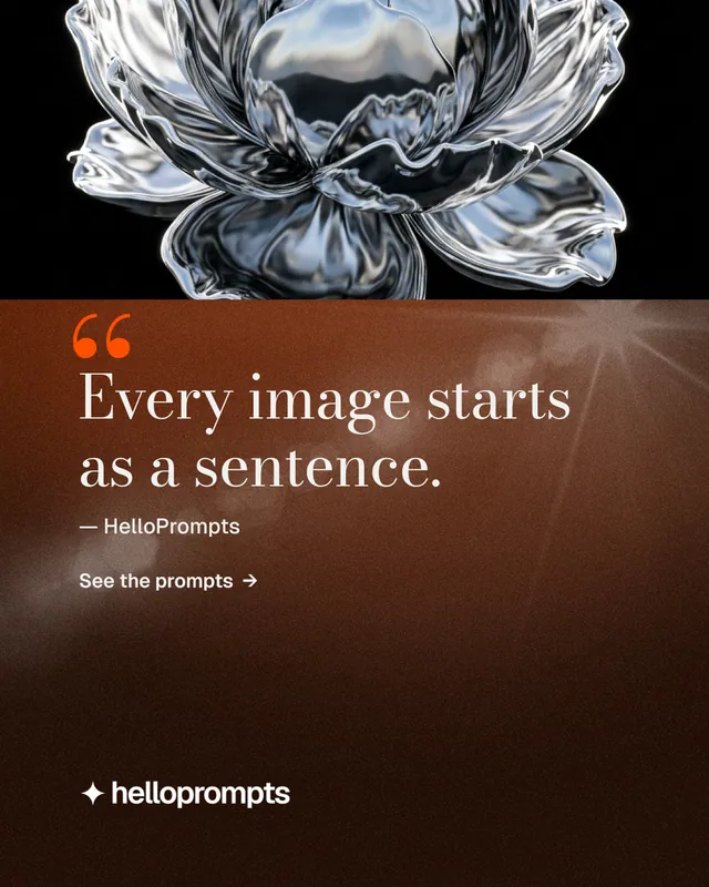 Instagram portrait post for HelloPrompts: "Every image starts as a sentence." Minimal luxury style, quote layout, dark palette in orange, black, grey.