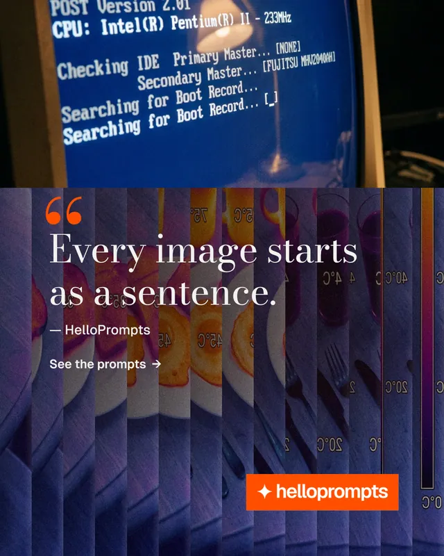Instagram portrait post for HelloPrompts: "The sentence behind the image." Minimal luxury style, quote layout, dark palette in blue, purple, grey.
