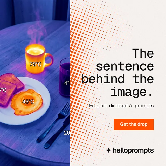 Instagram post for HelloPrompts: "The sentence behind the image." Swiss style, right layout, light palette in blue, white, orange.