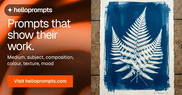 Social ad for HelloPrompts: "Prompts that show their work." Swiss style, bottom layout, dark palette in blue, orange, grey.