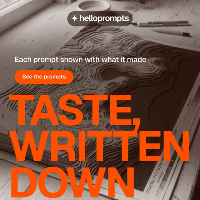 Instagram post for HelloPrompts: "Taste, written down." Photo poster style, oversized layout, dark palette in orange, brown, grey.