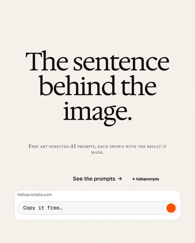 Instagram portrait post for HelloPrompts: "The sentence behind the image." Swiss style, smallcaps layout, light palette in white.