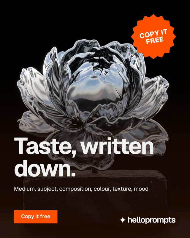Instagram portrait post for HelloPrompts: "Taste, written down." Swiss style, sticker layout, dark palette in black, orange, grey.