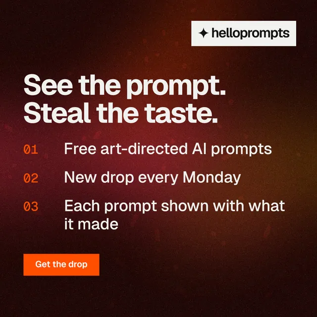 Instagram post for HelloPrompts: "See the prompt. Steal the taste." Swiss style, numbered layout, dark palette in red, black.