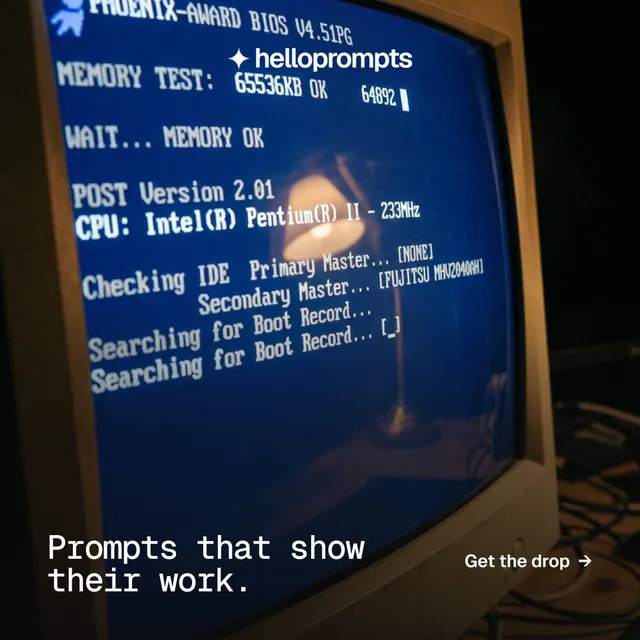 Instagram post for HelloPrompts: "Prompts that show their work." Swiss style, image led layout, dark palette in black, blue, grey.