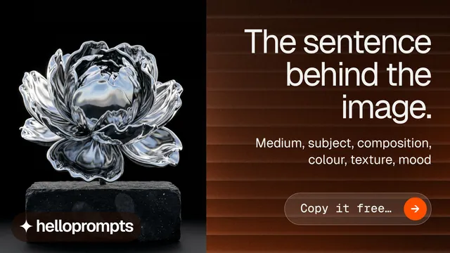 Landscape graphic for HelloPrompts: "The sentence behind the image." Agentic glass style, right layout, dark palette in black, orange, grey.