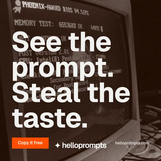 Instagram post for HelloPrompts: "See the prompt. Steal the taste." Swiss style, poster layout, dark palette in orange, grey, black.