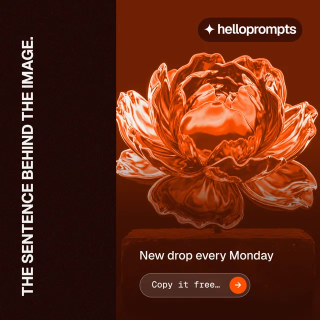 Instagram post for HelloPrompts: "The sentence behind the image." Agentic glass style, vertical layout, dark palette in orange, black, red.